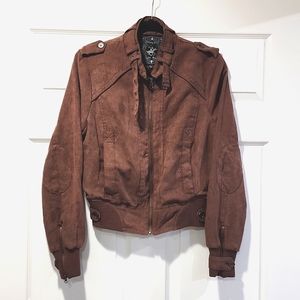 Elbow Patch Plush Suede Brown Bomber Jacket with Pockets